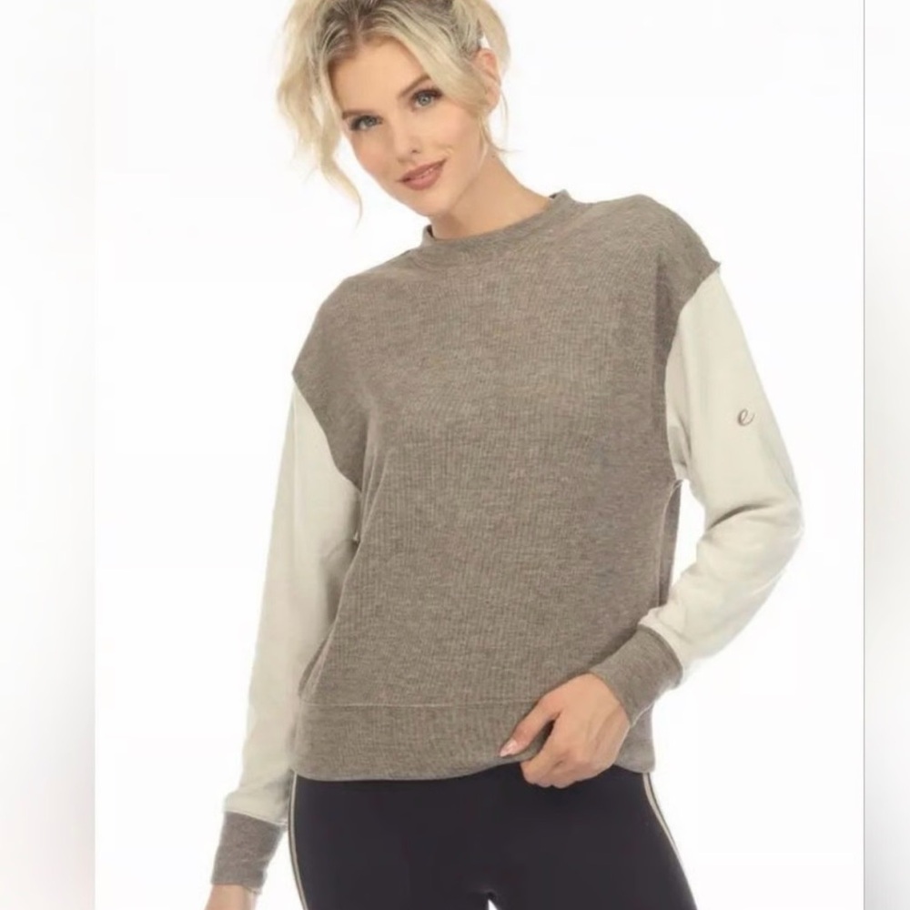 Calme by Johnny Was Mock Neck soft Two-Tone Sweater Beige and Tan XS